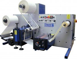 Daco DTD250 tabletop rotary die cutter for the production of plain labels. The machine is equipped with a single rotary die station, rotary slitting, a single product rewind and label counter.