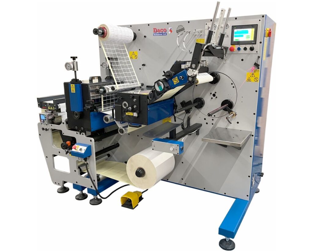 Daco PLD350 rotary die cutter with semi-automatic turret rewinder for plain label production