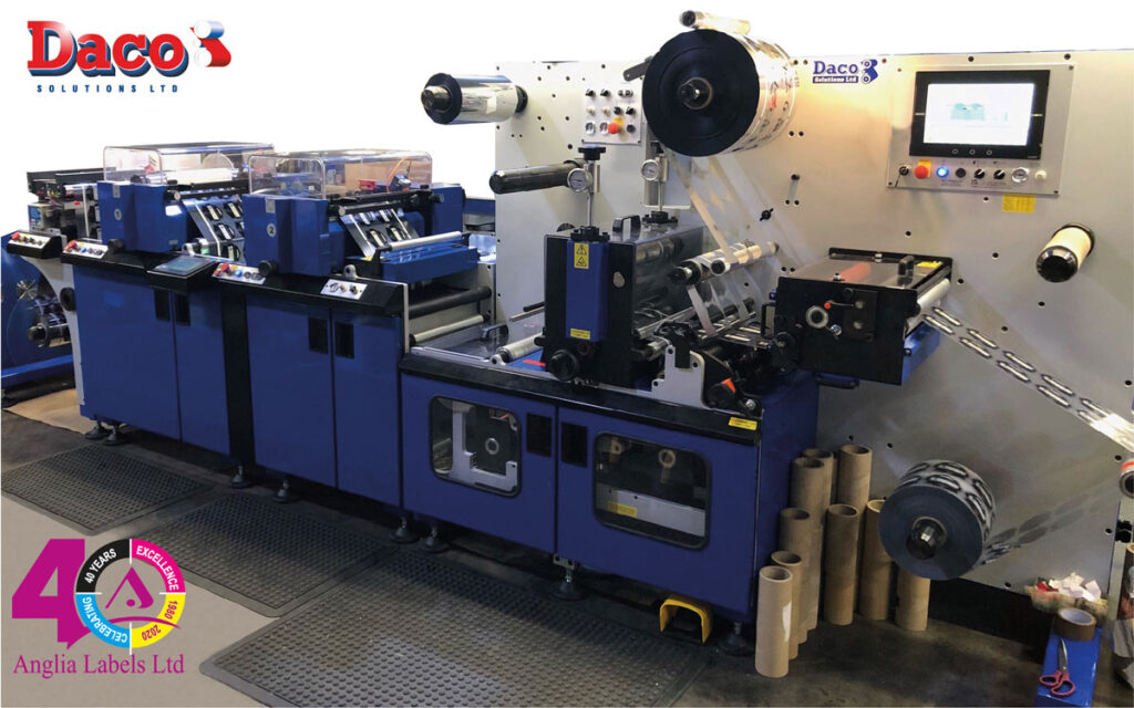 Anglia Labels Daco DF350SR has both semi rotary and full rotary die cutting, two colour print or varnishing station, rotary and razor slitting, quick set back scoring, laminating and cold foil with GEW UV curing and Daco IR drying.